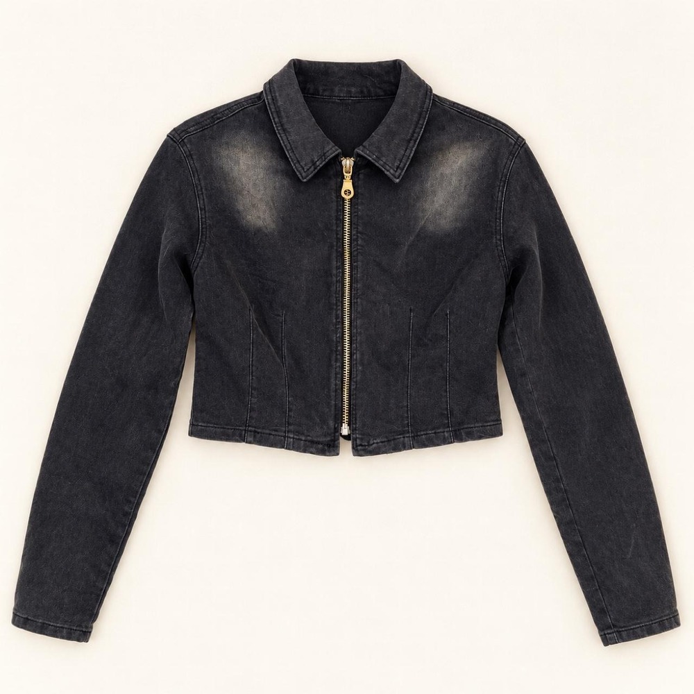 Fashion Nova Washed Black Cropped Denim Jacket — Medium